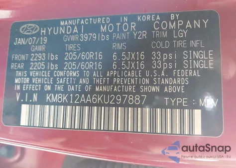 2019 Hyundai Kona Se from USA, damaged, VIN KM8K12AA6KU297887